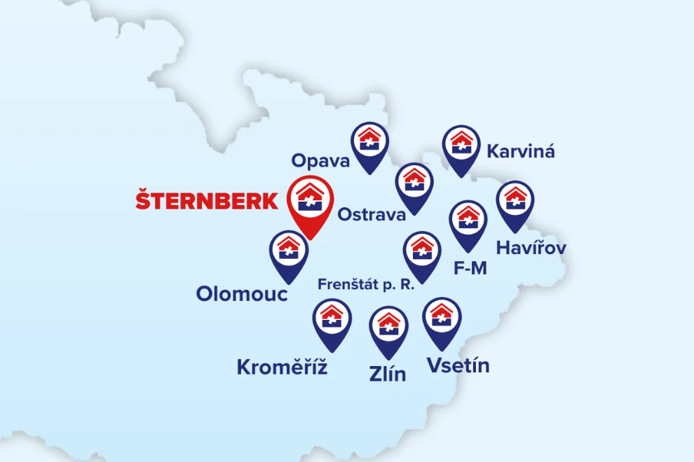 Mapa se všemi pobočkami ADOPE a červeně vyznačenou novou pobočkou ve Šternberku.