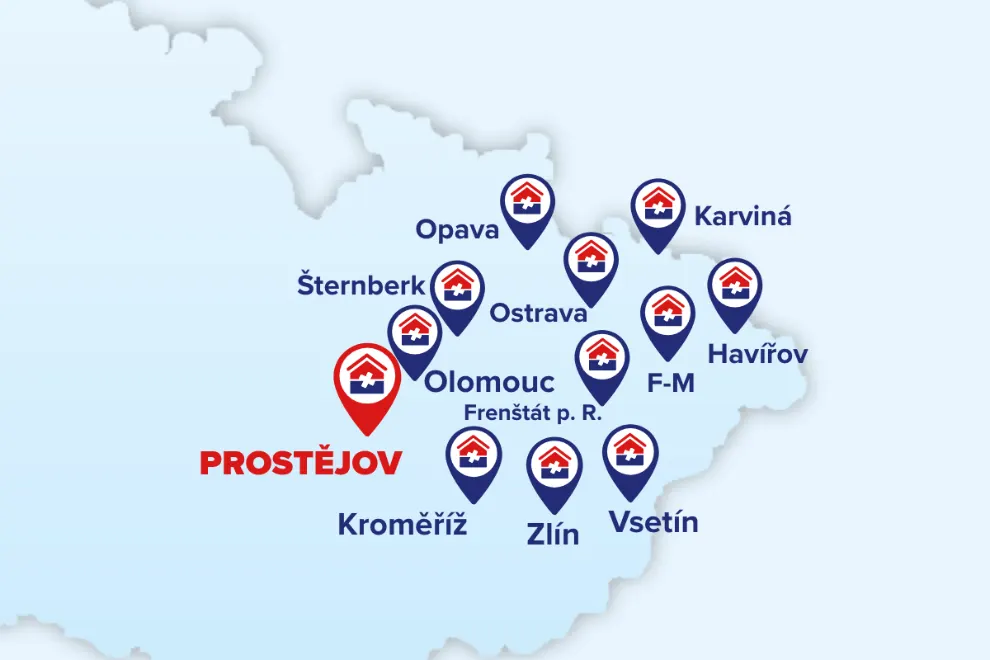 Mapa zobrazuje všechny naše pobočky, včetně nové pobočky v Prostějově.